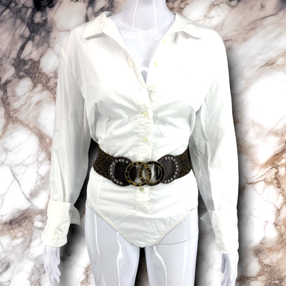 Vintage Y2K Leopard Elastic Double Circle Buckle Waist Belt New Wave Sz S/M - Picture 2 of 5